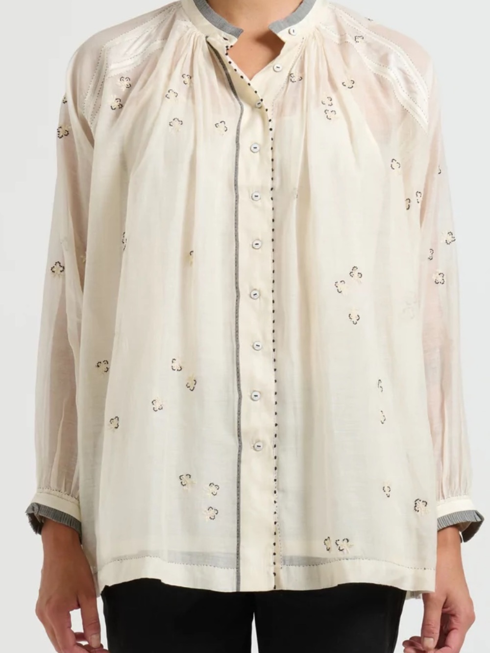 Péro Silk and Cotton Embroidered Band Collar Floral Button Down Blouse Size 38